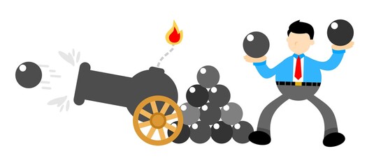 businessman worker and cannon war explode cartoon doodle flat design style vector illustrator