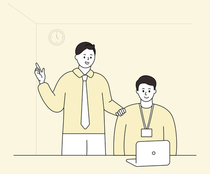 A new employee who is being confirmed and confirmed by his boss illustration set. computer, clock, office, advice. Vector drawing. Hand drawn style.