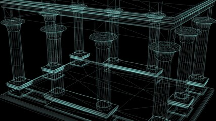 3d illustration - Egyptian Palace Filled With  Columns in wire frame on black background