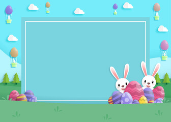 Fototapeta premium Happy easter day in paper art style with rabbit and easter eggs. greeting card, posters and wallpaper. Vector illustration.