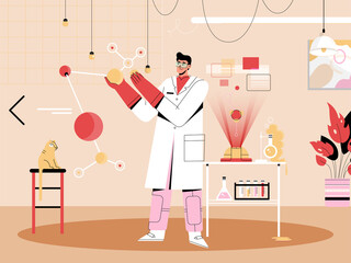 Scientist studying of molecule. Man holding large model