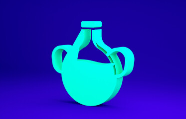 Green Essential oil bottle icon isolated on blue background. Organic aromatherapy essence. Skin care serum glass drop package. Minimalism concept. 3d illustration 3D render.