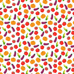 Seamless pattern of ripe squash, eggplant, corn, tomato and sweet pepper. This vegetable design is for your business projects. Ideal for fabrics and decor. Beautiful vector background