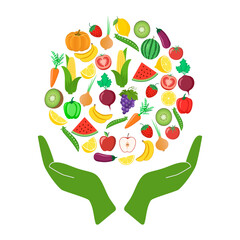 Vegetables and fruits with the image of hands. Watermelon, pumpkin, carrot, tomato, apple, onion, eggplant, banana, strawberry, beet, pepper, corn, peas, kiwi, lemon, grapes  Vector illustration