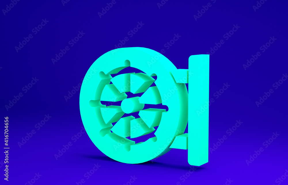 Poster green dharma wheel icon isolated on blue background. buddhism religion sign. dharmachakra symbol. mi