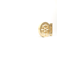 Obraz premium Gold Dharma wheel icon isolated on white background. Buddhism religion sign. Dharmachakra symbol. 3d illustration 3D render.
