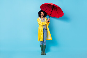 Photo of charming impressed dark skin lady dressed waterproof raincoat walking holding red umbrella...