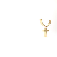 Gold Christian cross on chain icon isolated on white background. Church cross. 3d illustration 3D render.