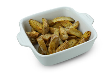 Bowl with potato wedges isolated on white background
