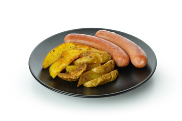 Plate with fried potato and sausages isolated on white background