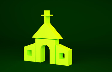 Yellow Church building icon isolated on green background. Christian Church. Religion of church. Minimalism concept. 3d illustration 3D render.