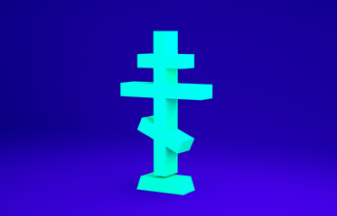 Fototapeta premium Green Christian cross icon isolated on blue background. Church cross. Minimalism concept. 3d illustration 3D render.