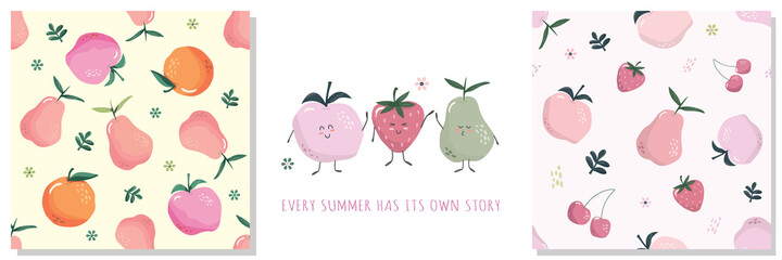 Summer Fruit cartoons collection. Kawaii characters and festive pattern set. Vector