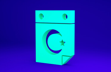 Green Star and crescent - symbol of Islam icon isolated on blue background. Religion symbol. Minimalism concept. 3d illustration 3D render.
