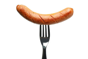 Fork with fried sausage isolated on white background