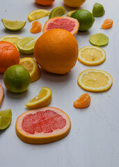 citrus fruit salad on white background. foreground