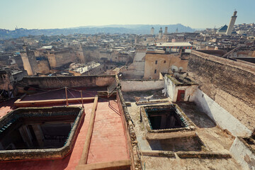 View of Fez City from the roof top terrace. Fes el Bali Medina, Morocco, Africa.