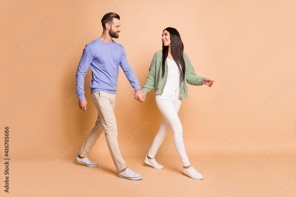 Poster full size profile photo of optimistic couple go look wear sweater isolated on beige color background