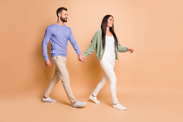 Full size profile photo of optimistic couple go wear sweater isolated on beige color background
