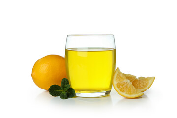 Glass of lemon jelly, lemon slices and mint isolated on white background