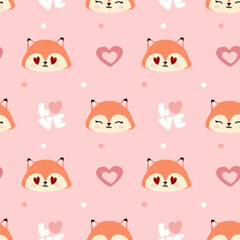 Seamless pattern with foxes, hearts on pink  background. Background for wrapping paper, textile, posters, cards.  Happy Valentine's Day.