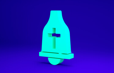 Green Church bell icon isolated on blue background. Alarm symbol, service bell, handbell sign, notification symbol. Minimalism concept. 3d illustration 3D render.