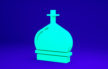 Green Christian church tower icon isolated on blue background. Religion of church. Minimalism concept. 3d illustration 3D render.