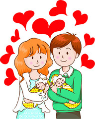 vector Husband and wife carry new born twins baby