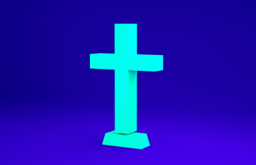 Green Christian cross icon isolated on blue background. Church cross. Minimalism concept. 3d illustration 3D render.