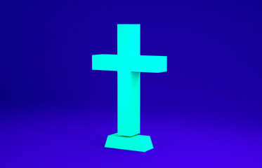 Fototapeta premium Green Christian cross icon isolated on blue background. Church cross. Minimalism concept. 3d illustration 3D render.
