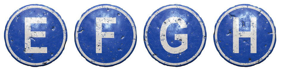 Set of public road sign in blue color with a capitol white letters E, F, G, H in the center isolated white background. 3d