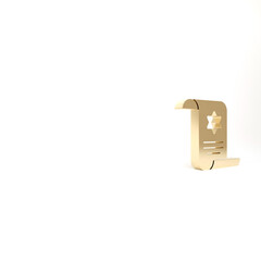 Gold Torah scroll icon isolated on white background. Jewish Torah in expanded form. Star of David symbol. Old parchment scroll. 3d illustration 3D render.