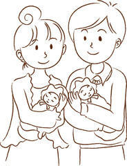 vector Husband and wife carry new born twins baby