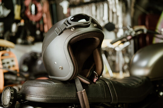 motorcycle helmets at motorcycle garage  , selective focus