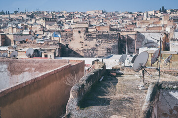 View of Fez City from the roof top terrace. Fes el Bali Medina, Morocco, Africa.