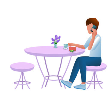 Office worker talking on the phone in a cafe. A character in a cafe at a table at lunchtime. Cartoon style, flat design