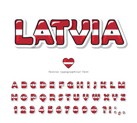 Latvia cartoon font. National flag colors. Paper cutout glossy ABC letters and numbers. Bright alphabet for tourism design. Vector