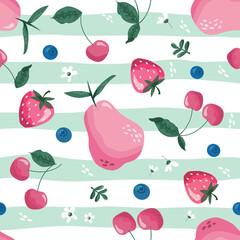 Fruit, berry and blossom seamless pattern. Summer girly striped background for textile, fabric, decorative paper. Vector