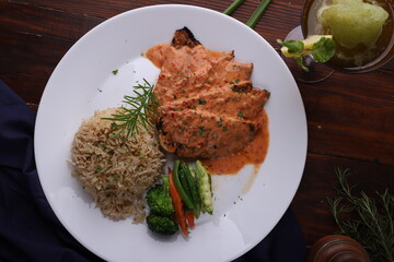 Orange Chicken continental dish food photography with sauce dripping on rice restaurant menu food photography