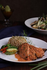 Orange Chicken continental dish food photography with sauce dripping on rice restaurant menu food photography