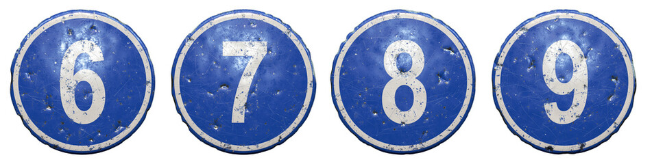 Set of public road sign in blue color with a capitol white numbers 6, 7, 8, 9 in the center isolated white background. 3d