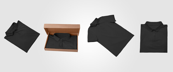 Mockup of black beautifully folded polo, presentation of mens t-shirt in an open box, isolated on background.