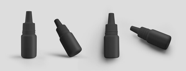 Obraz premium A set of mockups of a plastic bottle for drops in the nose, eyes, ears, black jar with a cap isolated on background.