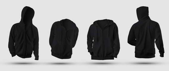 Set of mockups of black 3D rendering hoodie with zipper fastener, pocket, blank sweatshirt isolated on background, front, back view.