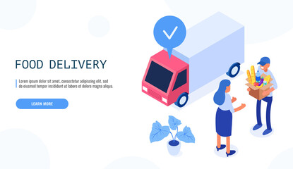 Food delivery service concept. Deliveryman gives the box with food to the female client. Isometric web banner. Vector.