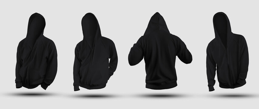 Set of 3D rendering black hoodie templates, wrinkled clothing for men with zipper, pocket, for design presentation.