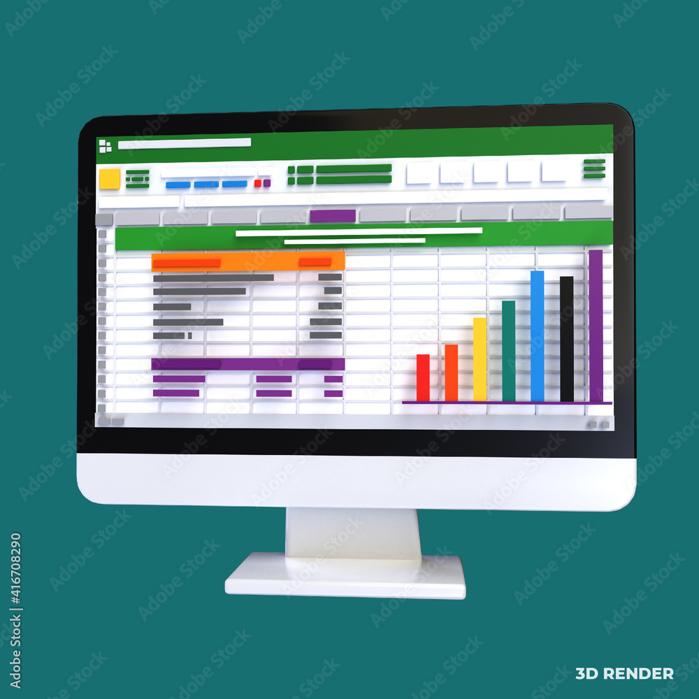 Poster spreadsheet on computer screen 3d render icon. financial accounting report concept. office things fo