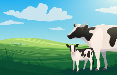 Vector illustration landscape with cow and little baby calf on pasture with ranch on the background. Scenery of farm on green fields, bright and natural