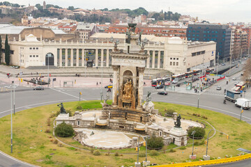 Aerial view of Plaza de España in Barcelona on a cloudy day