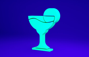 Green Margarita cocktail glass with lime icon isolated on blue background. Minimalism concept. 3d illustration 3D render.